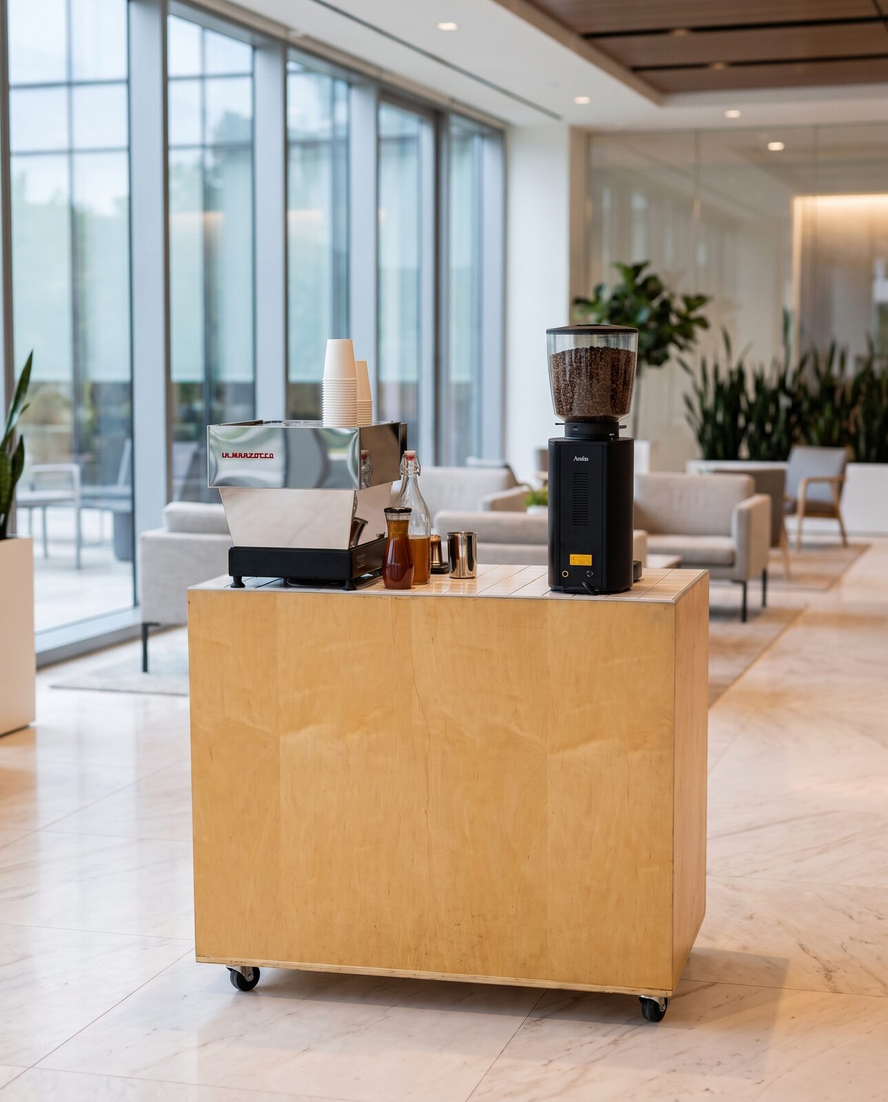 JoyBlast espresso cart in a modern corporate office lobby and event space in Greenville, SC