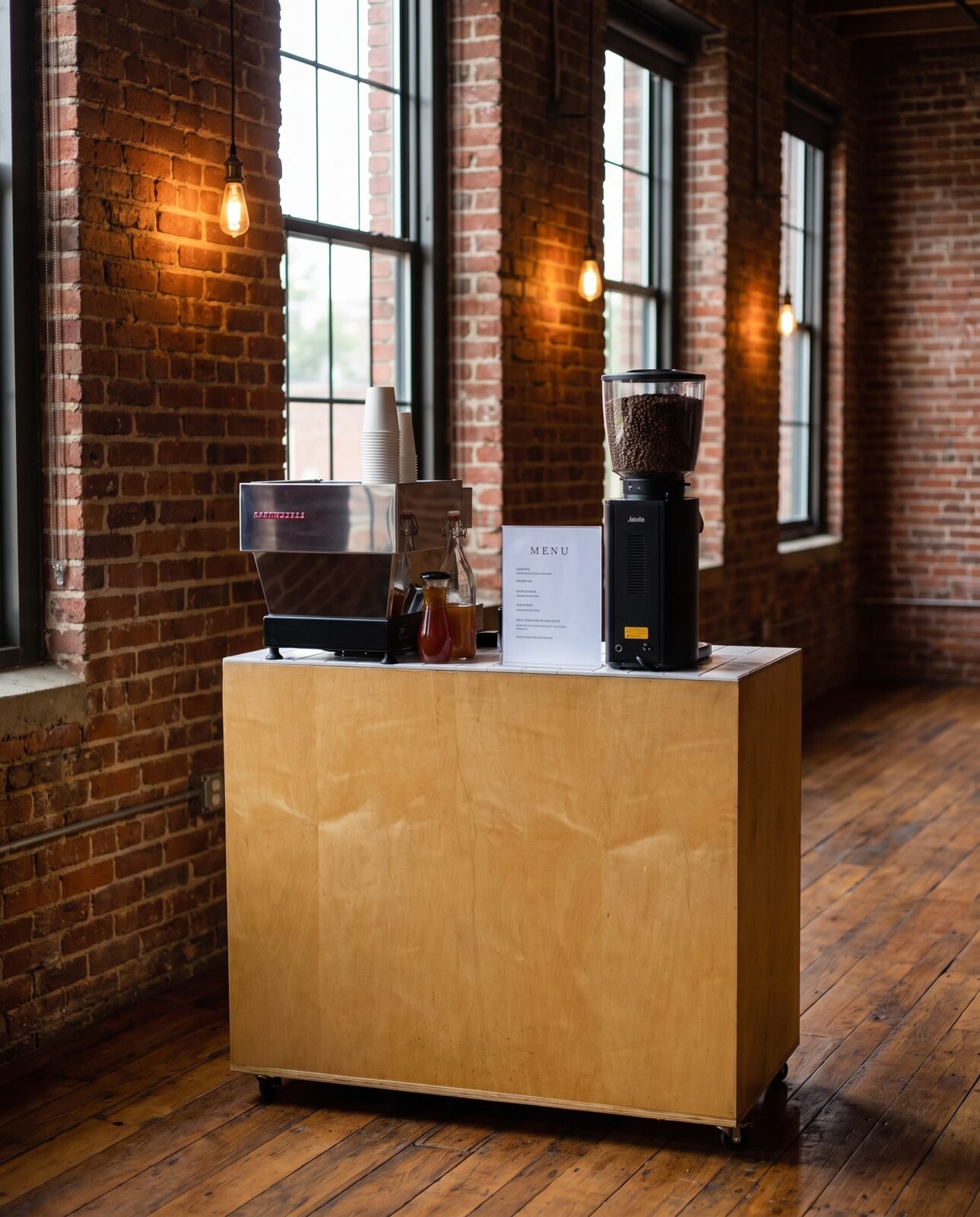 JoyBlast espresso cart in a downtown Greenville exposed-brick loft venue