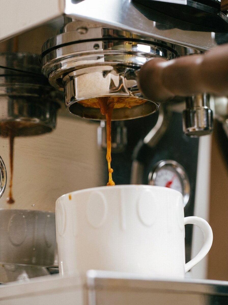 La Marzocco Linea Mini pulling a shot into a white cup